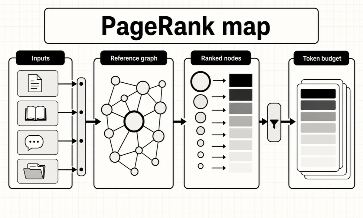 Aider turns definitions, references, user mentions, and chat files into a PageRank-scored repo map