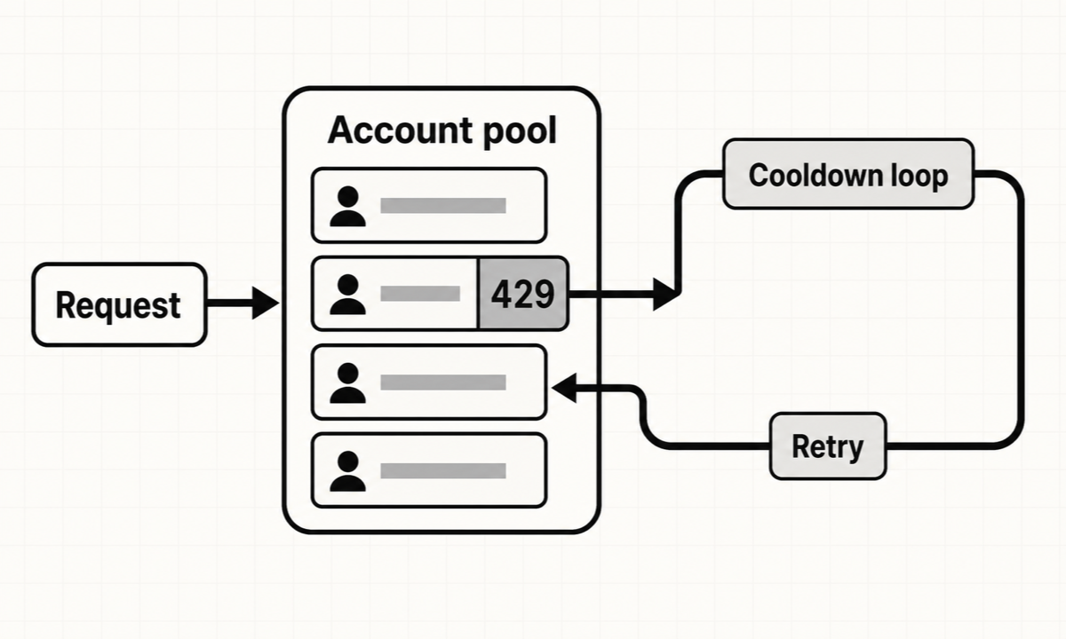 CLIProxyAPI selects from available accounts, marks 429 failures as cooldowns, and tries the next account