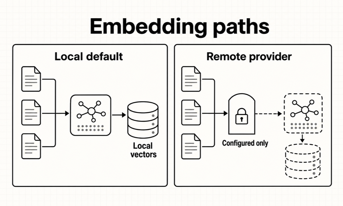 Continue's default local embedding path compared with a configured remote embeddings provider