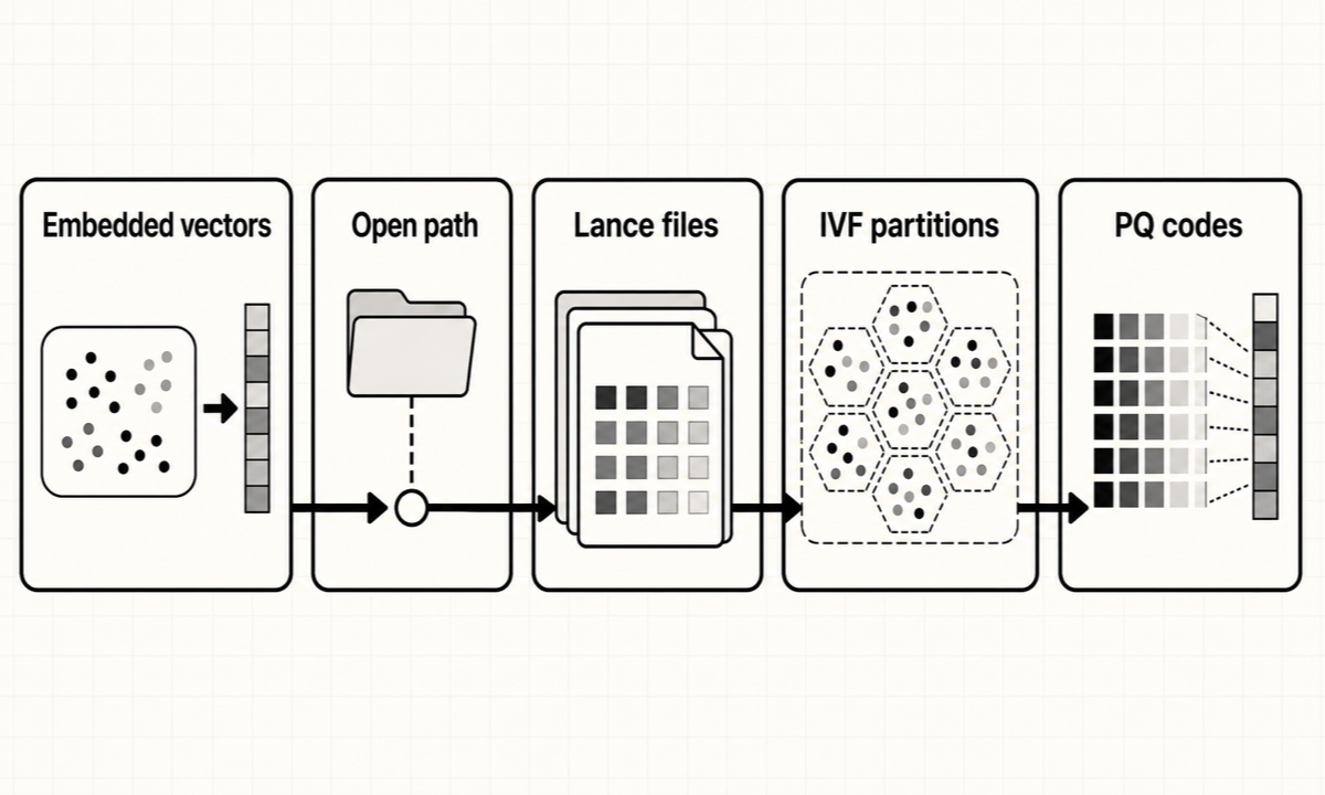 LanceDB opens a local or object-store path, stores vectors in Lance files, and searches IVF-PQ indexes