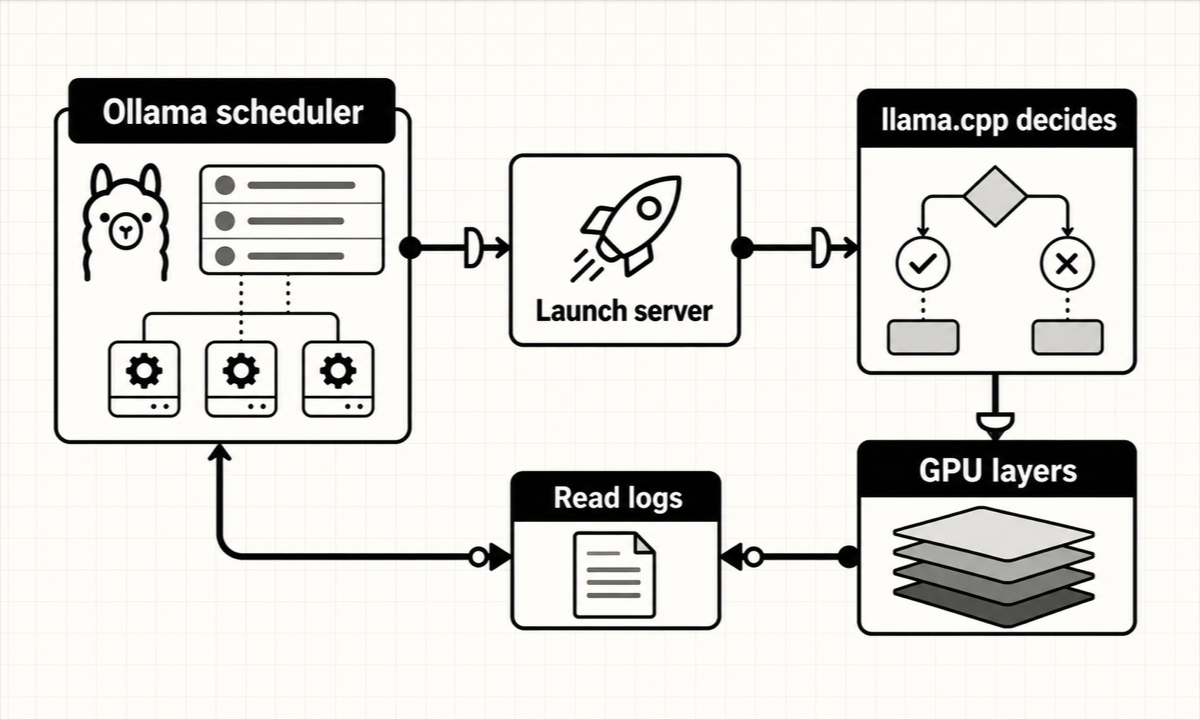 Ollama schedules a llama-server subprocess but delegates default GPU layer fitting to llama.cpp