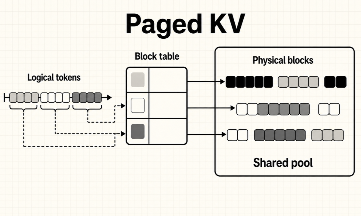vLLM maps logical token ranges to non-contiguous physical GPU KV-cache blocks through block tables